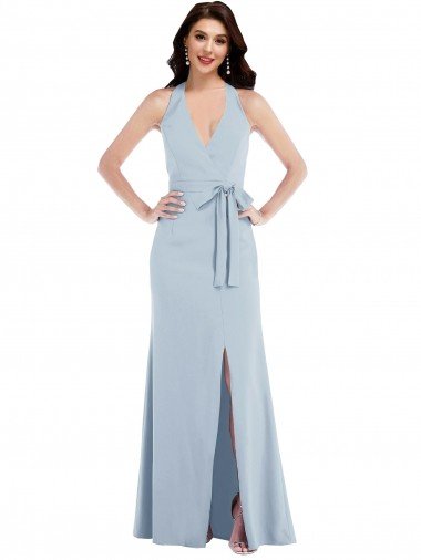 Best Open Back Halter Maxi Crepe Prom Dress with Draped Bow UK