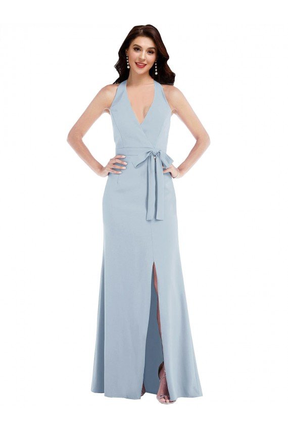 Best Open Back Halter Maxi Crepe Prom Dress with Draped Bow UK