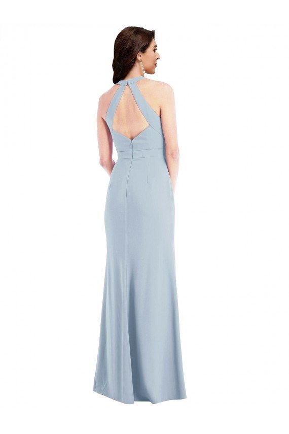 Best Open Back Halter Maxi Crepe Prom Dress with Draped Bow UK