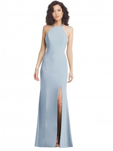 Best High Neck Halter Crepe Prom Dress with Twist Criss Cross Back UK