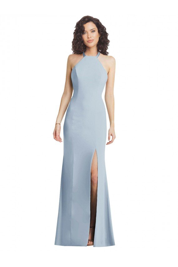 Best High Neck Halter Crepe Prom Dress with Twist Criss Cross Back UK