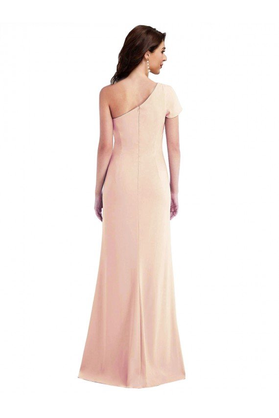 Best One Shoulder Cap Sleeves Trumpet Crepe Prom Dress with Front Slit UK