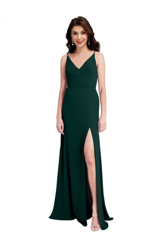 Best Slim A-Line V-Neck Full Length Crepe Prom Dress with Side Slit UK