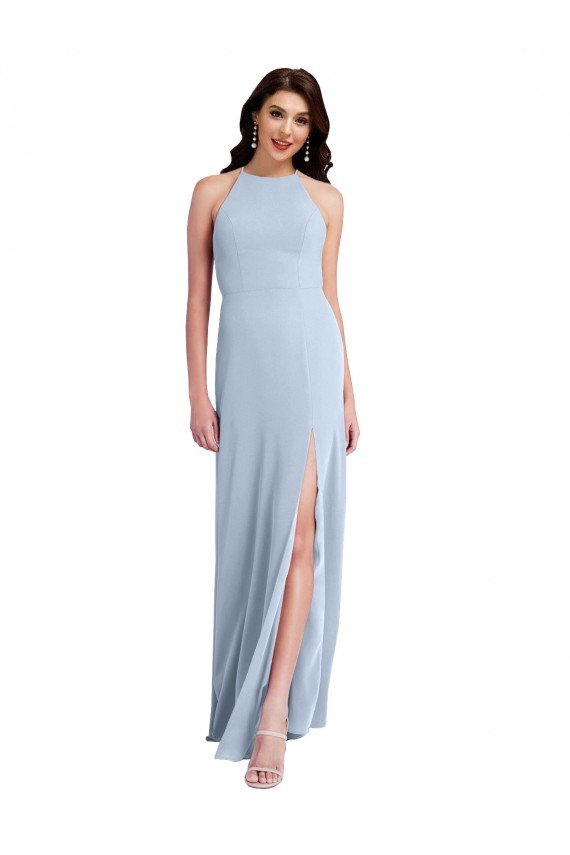 Best Fit and Flare High Neck Crepe Prom Dress with Side Slit UK