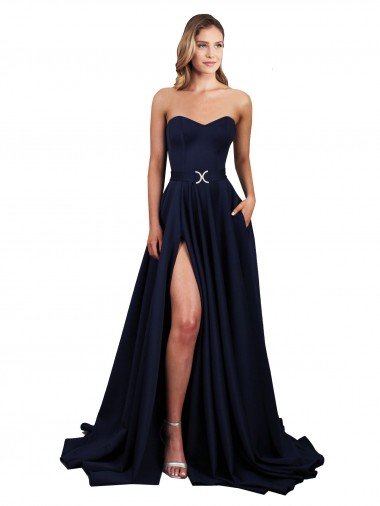 Best Sweetheart Neckline Low Back Long Crepe Prom Dress with High Leg Spit & Pockets UK