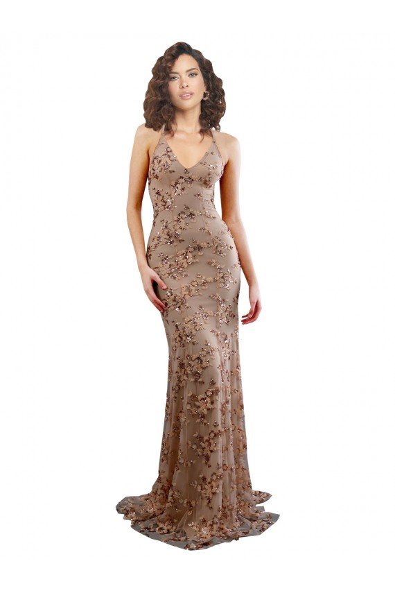 Best Floral Patterned Backless V-Neckline Sequin Prom Dress UK