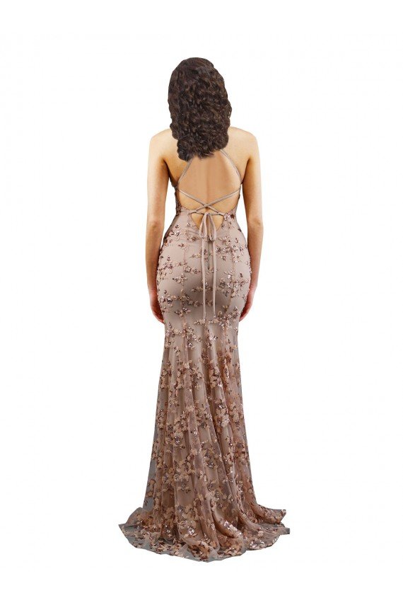 Best Floral Patterned Backless V-Neckline Sequin Prom Dress UK