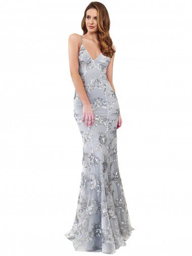 Best Silver V-Neckline Backless Floral Patterned Sequin Prom Dress UK