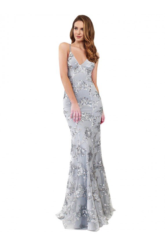 Best Silver V-Neckline Backless Floral Patterned Sequin Prom Dress UK