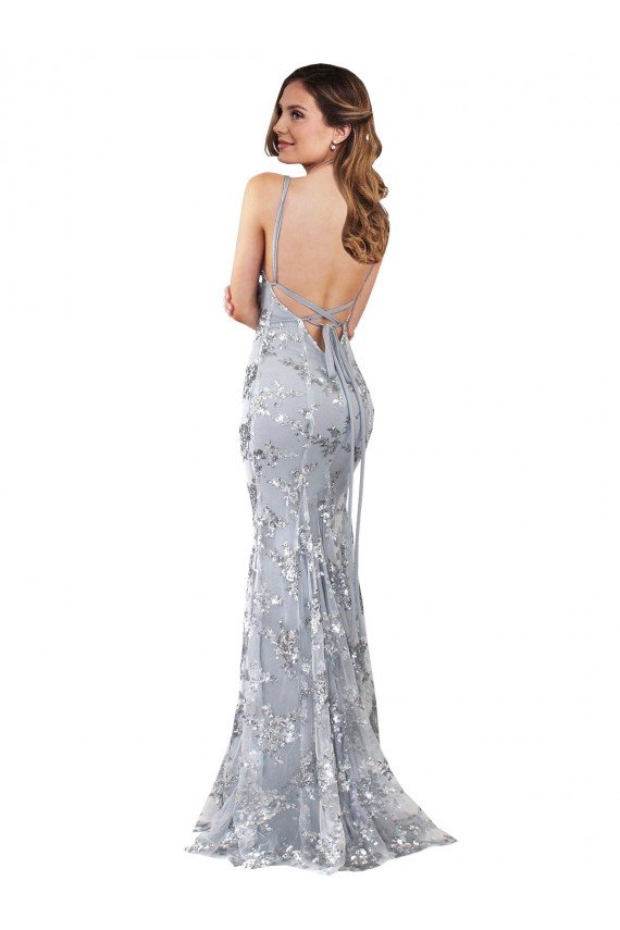 Best Silver V-Neckline Backless Floral Patterned Sequin Prom Dress UK