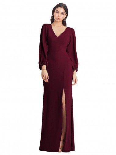 Best Long Puff Sleeve V-Neck Trumpet Maxi Prom Dress UK