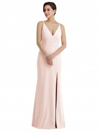 Best Skinny Strap Deep V-Neck Trumpet Crepe Prom Dress with Front Slit UK