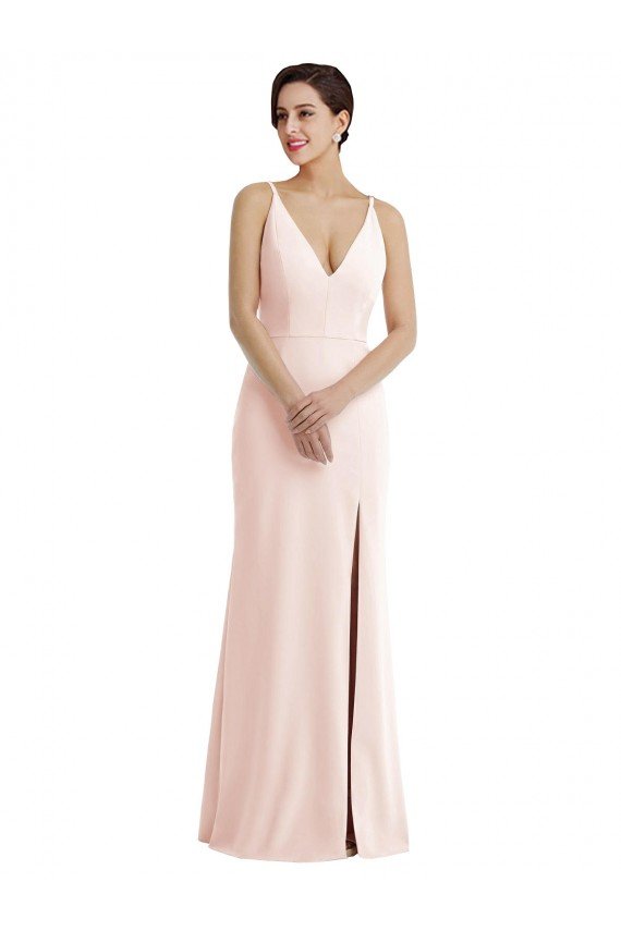 Best Skinny Strap Deep V-Neck Trumpet Crepe Prom Dress with Front Slit UK