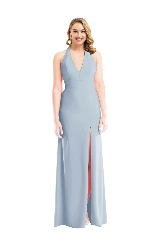 Best Plunge Neck Halter Backless Trumpet Prom Dress with Front Slit UK