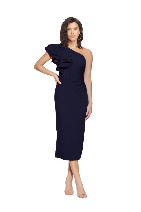 Best Ruched Midi Length Short Crepe Cocktail Prom Dress / Homecoming Dress with Shoulder Ruffles UK