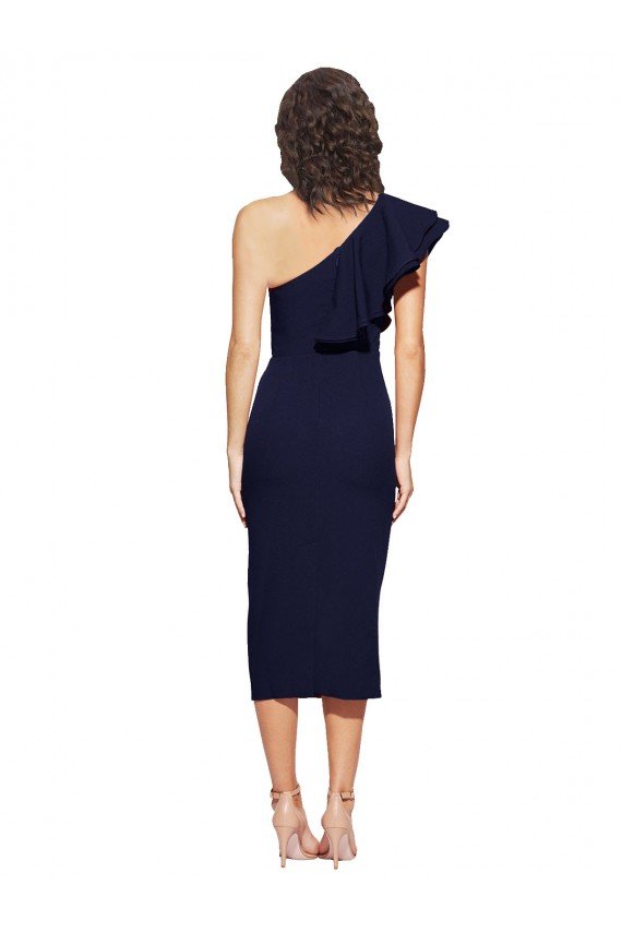 Best Ruched Midi Length Short Crepe Cocktail Prom Dress / Homecoming Dress with Shoulder Ruffles UK