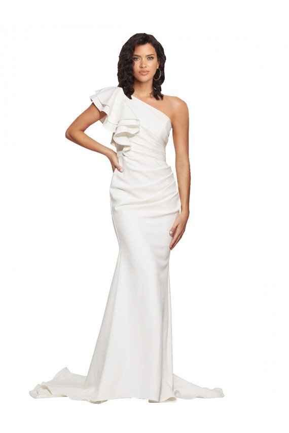 Best Ruched Long Sweep Train Crepe Prom Dress with Shoulder Ruffles UK