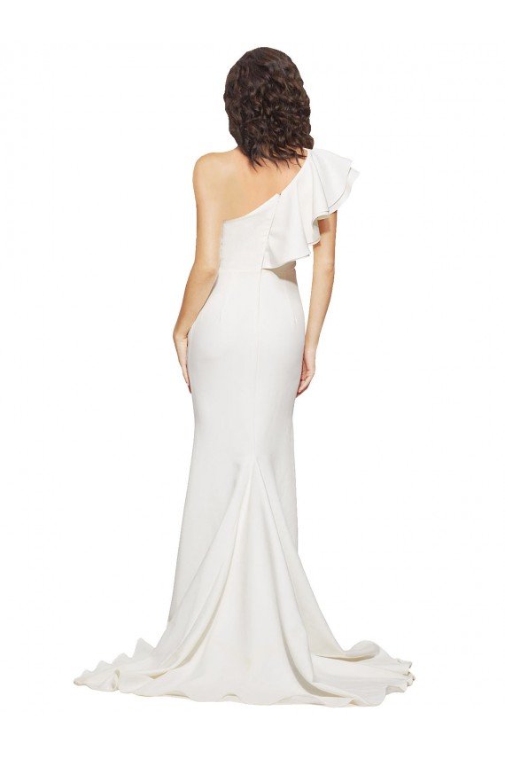 Best Ruched Long Sweep Train Crepe Prom Dress with Shoulder Ruffles UK