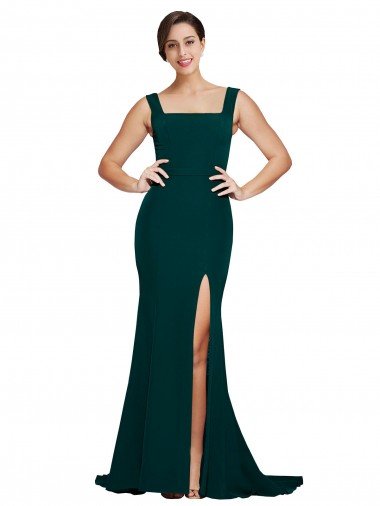 Best Fitted Square Neck Long Crepe Prom Dress with Train and Side Split UK