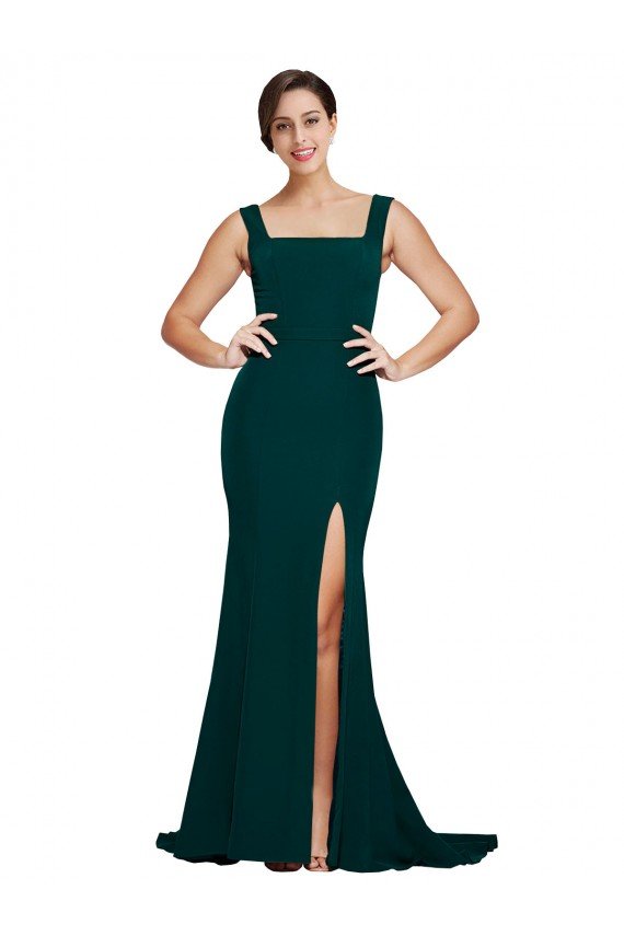 Best Fitted Square Neck Long Crepe Prom Dress with Train and Side Split UK