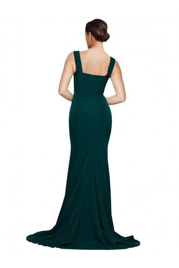 Best Fitted Square Neck Long Crepe Prom Dress with Train and Side Split UK