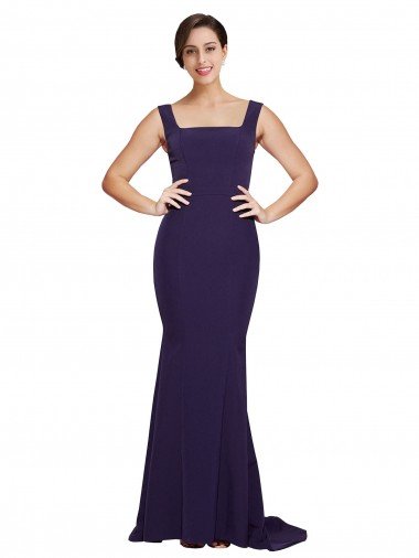 Best Square Neck Long Sweep Train Crepe Prom Dress with Thick Straps UK