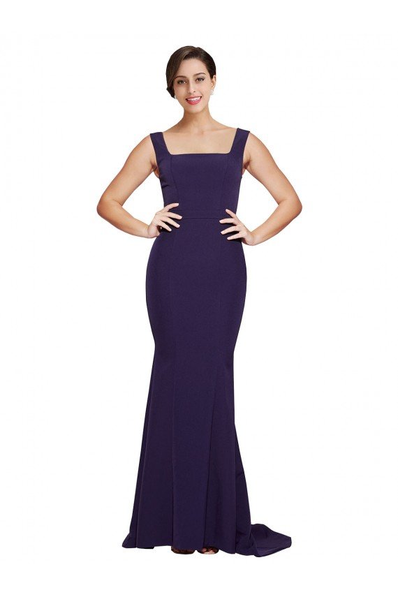 Best Square Neck Long Sweep Train Crepe Prom Dress with Thick Straps UK