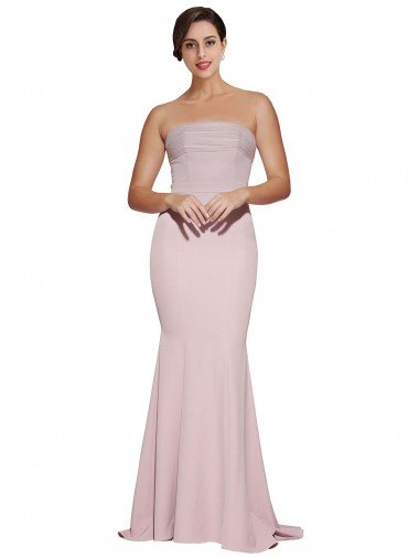 Best Straight Neck Long Strapless Crepe Prom Dress with Soft Tulle Overlay and Small Train UK