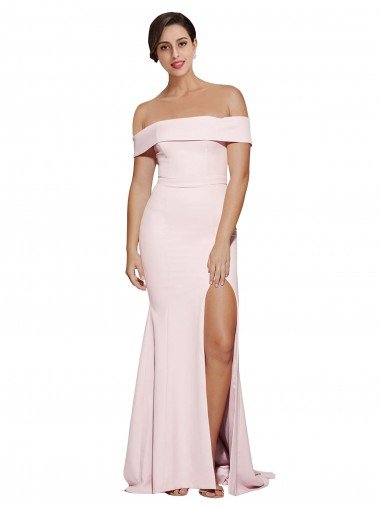 Best Off Shoulder Long Crepe Prom Dress with Straight Neckline and Side Split UK