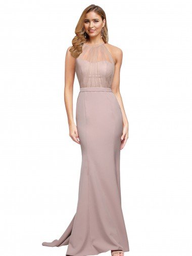 Best Long Sweetheart Crepe Prom Dress with High Neck Illusion Tulle Details UK