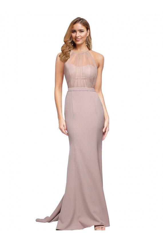 Best Long Sweetheart Crepe Prom Dress with High Neck Illusion Tulle Details UK