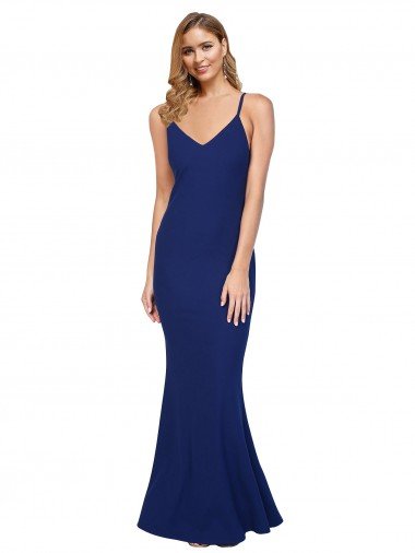 Best Full Length V-Neckline Crepe Prom Dress with Thin Straps and Fulted Skirt UK