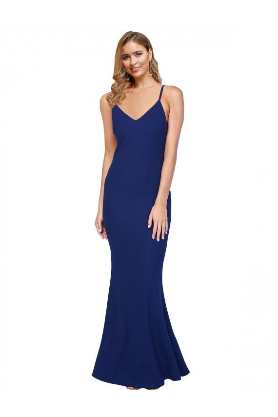 Best Full Length V-Neckline Crepe Prom Dress with Thin Straps and Fulted Skirt UK