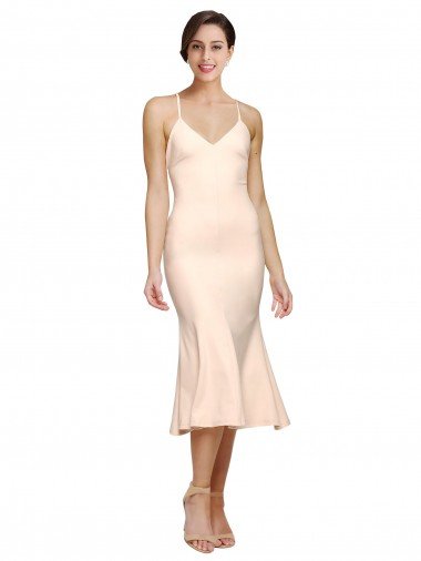 Best Midi Length V-Neckline Crepe Cocktail Prom Dress / Homecoming Dress with Thin Straps and Fulted Skirt UK