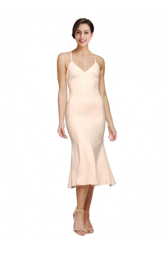 Best Midi Length V-Neckline Crepe Cocktail Prom Dress / Homecoming Dress with Thin Straps and Fulted Skirt UK