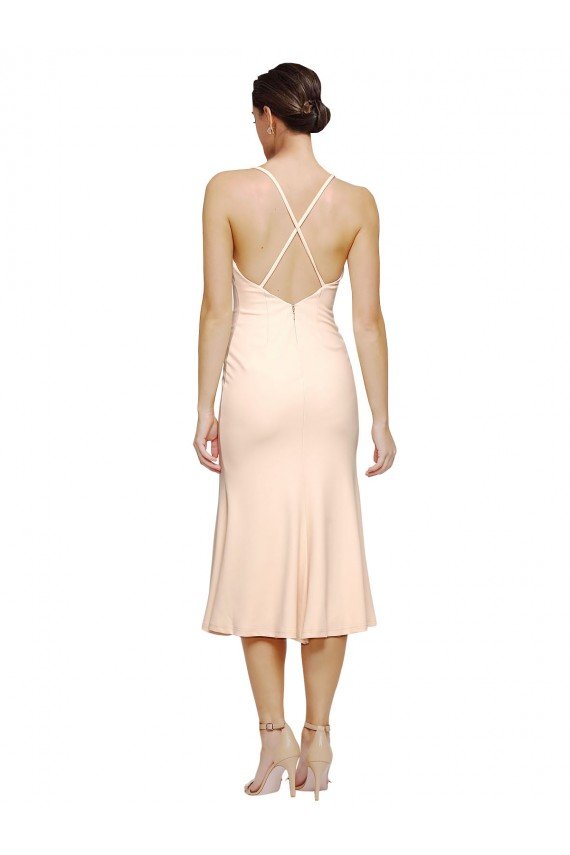 Best Midi Length V-Neckline Crepe Cocktail Prom Dress / Homecoming Dress with Thin Straps and Fulted Skirt UK