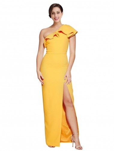 Best One Shoulder Floor Length Crepe Prom Dress with Thigh High Split UK