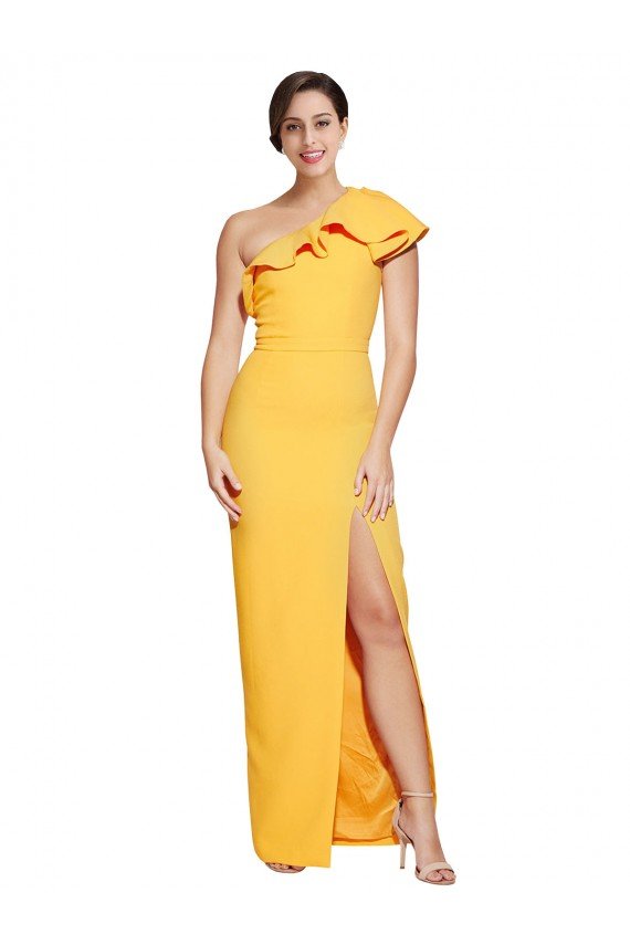 Best One Shoulder Floor Length Crepe Prom Dress with Thigh High Split UK