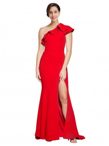 Best One Shoulder Long Sweep Train Crepe Prom Dress with Thigh High Split UK