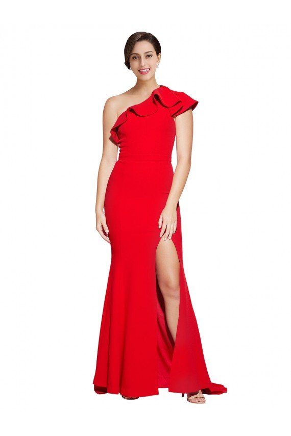 Best One Shoulder Long Sweep Train Crepe Prom Dress with Thigh High Split UK