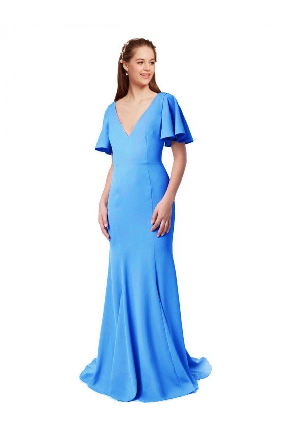 Best Short Sleeves Long V-Neck Crepe Prom Dress with V-Back UK