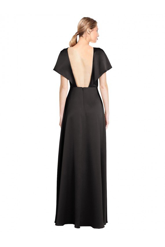 Best Cap Sleeves Open Back Long Stretch Satin Prom Dress UK
