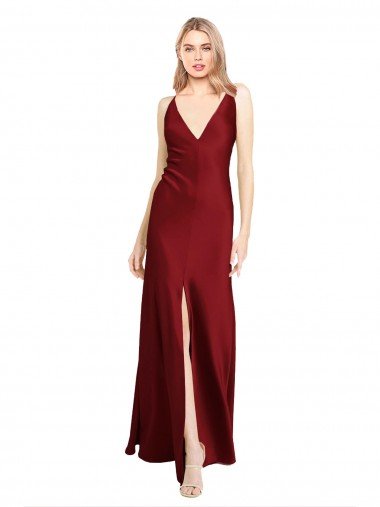 Best Floor Length Deep V-Back Stretch Satin Prom Dress with Front Slit UK