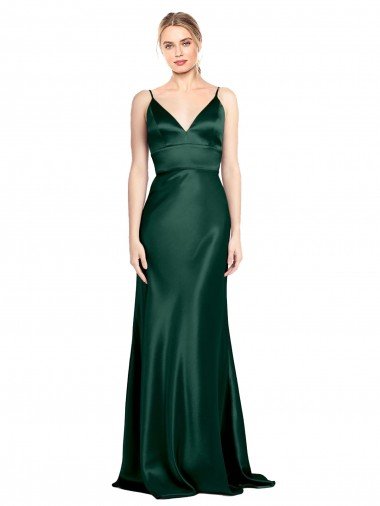 Best High V-Neck Long Full Length Sheath Stretch Satin Prom Dress UK