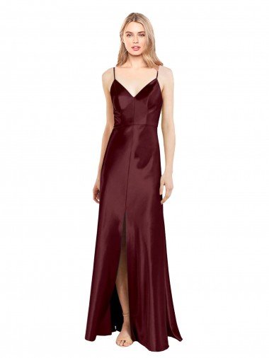 Best Sleek Spaghetti Straps V-Neck Stretch Satin Prom Dress with Center Front Slit UK