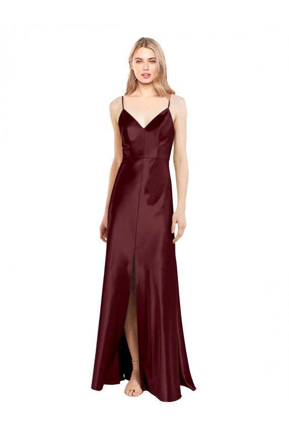 Best Sleek Spaghetti Straps V-Neck Stretch Satin Prom Dress with Center Front Slit UK