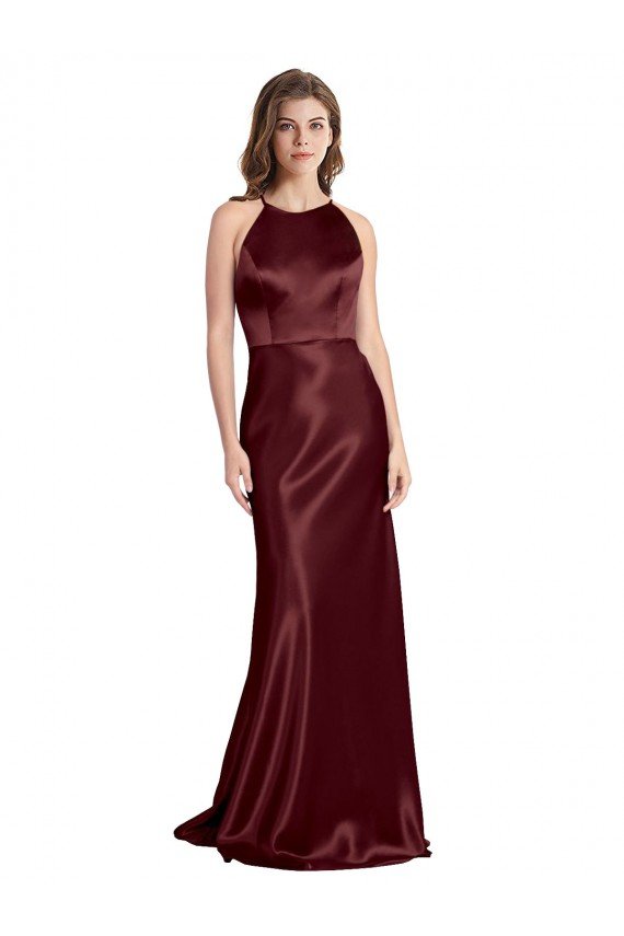 Best High Neck Halter Long Sleeveless Stretch Satin Prom Dress with Strappy Back UK