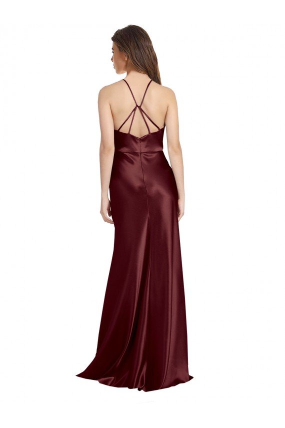 Best High Neck Halter Long Sleeveless Stretch Satin Prom Dress with Strappy Back UK