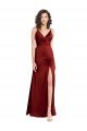 Best Faux Surplice Neckline Long Slim A-Line Stretch Satin Prom Dress UK