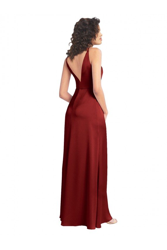 Best Faux Surplice Neckline Long Slim A-Line Stretch Satin Prom Dress UK